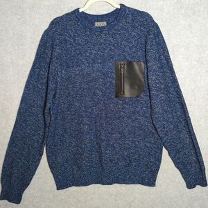 XIOS 90s Grunge blue Rag Indie Chunky Knit Grandpa XL Sweater Leather Pocket VTG